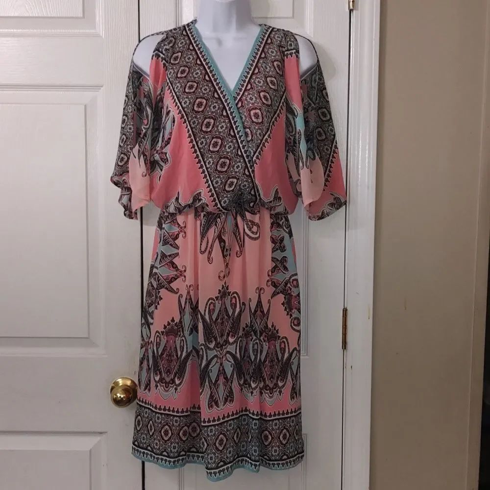 Cato~ Beautiful Coral Color Dress With Blue/White/Pink/Black Designs Lined Small